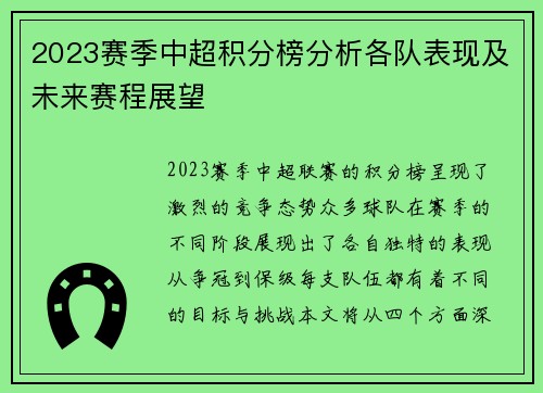 2023赛季中超积分榜分析各队表现及未来赛程展望